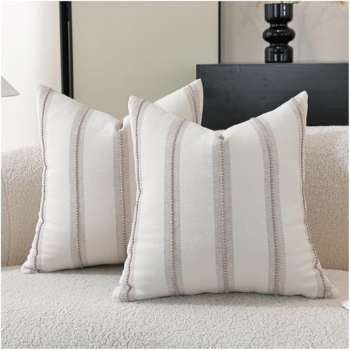 Cethom Boho Throw Pillow Covers 20x20 Set of 2, Taupe Striped Decorative Pillow Cases for Couch Chair Bed, Textured Farmho...