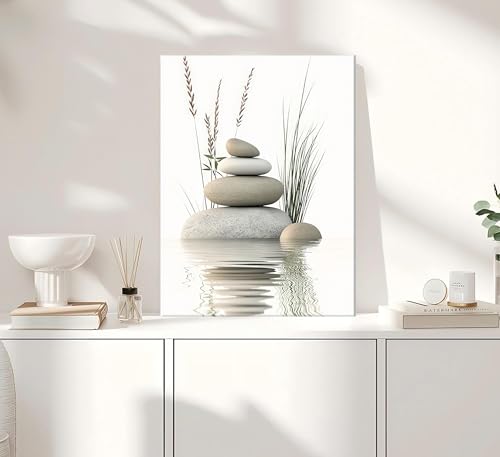 KBIERQN Zen Stone Canvas Wall Art Stacked Stones in Water Poster Print Tranquil Wild Grass Painting Picture for Spa Yoga M...