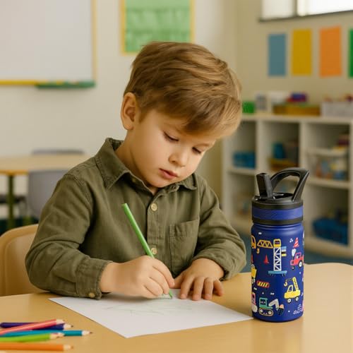 Fanhaw 14 Oz Kids Insulated Water Bottle with Straw - Stainless Steel Double Wall Vacuum Cup, Leakproof, BPA Free, Suitabl...
