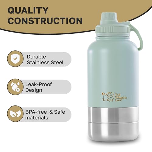 Tail Wagging Love 32oz 3-in-1 Portable Travel Water Bottle, Food & Hydration Bottle - Dual Use for Humans & Pets with Deta...