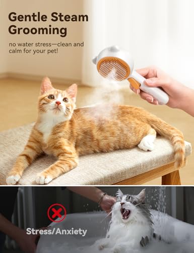 Pet Steam Brush for Dogs & Cats, Brushes for Indoor Cats with Release Button, Dual Speed Spray USB Rechargeable Grooming S...