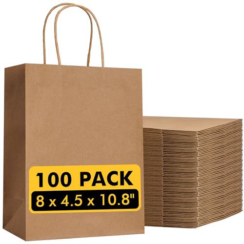 RACETOP Brown Paper Bags with Handles Bulk 100Pcs 8x4.5x10.8 Inch Gift Bags Bulk, Brown Kraft Paper Bags for Retail, Part...