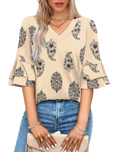 OFEEFAN Spring Tops for Women Boho Shirts Fashion Clothing Cute 3/4 Length Sleeve Blouses Dressy Casual Summer Outfits
