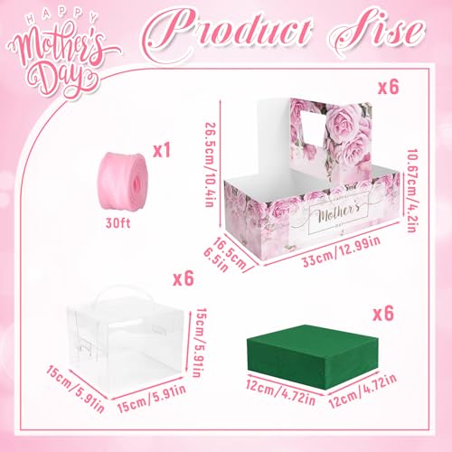 6 Set Mother's Day Cake Flower Gift Boxes with 6 Pcs Transparent PVC Cake Boxes 6 Floral Foam Ribbon Set Flower Bouquet Pa...