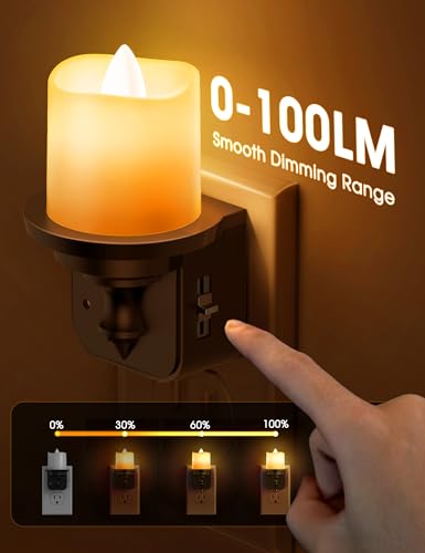 Briignite Flameless Candle Night Lights, Amber Plug-in 2 Pack, LED Candle with Light Sensor, 0-100LM Dimmable, Kids Hallwa...
