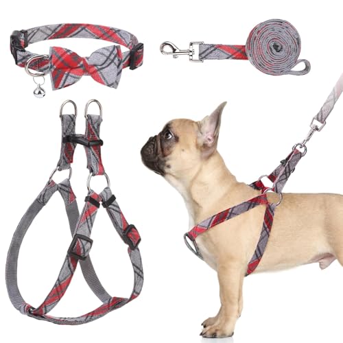 BINGPET Dog Harness Collar Leash Set,Adjustable No Pull Escape Proof Small Dog Harness,Classic Plaid Puppy Harness and Lea...