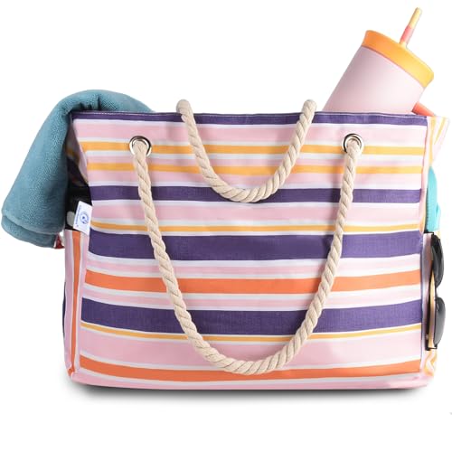 Genteen Beach Bag for Women, Large Waterproof Sandproof Beach Tote with Zipper Pocket, Solid for Travel Pool
