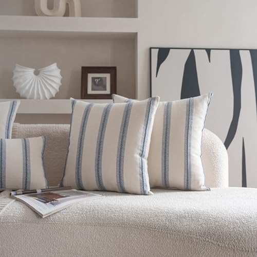 Cethom Boho Throw Pillow Covers 18x18 Set of 2, Beige and Blue Striped Decorative Pillow Cases for Couch Chair Bed, Textur...