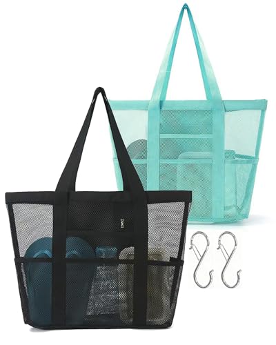 Funxdola 2-Pack Large Mesh Carryall Tote Beach Bags - 8 Front Back Pockets Zip Compartment for Toiletry Travel with 2 S Hooks