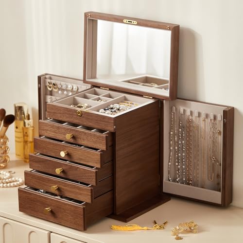 Homruilink Black Walnut Wooden Jewelry Box, Wood Jewelry Organizer with 2 Side Doors Mirror Lockable Classical Style for W...