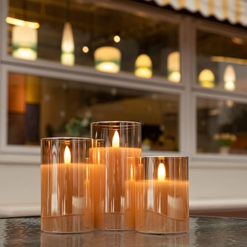 ANGELLOONG Gold Candles for Bathroom Decor, Glass Flameless Candles with Remote, Battery Operated LED Pillar Fake Candles ...