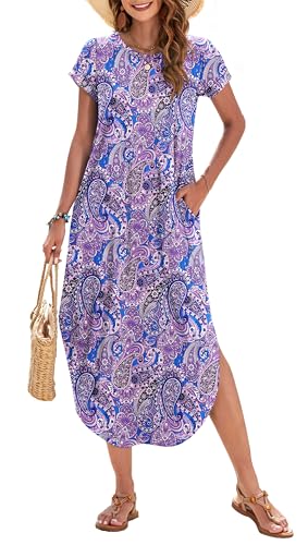 WNEEDU Womens Summer Dresses Casual Loose Short Sleeve Long T Shirt Dress Split Maxi Beach Sundress Travel Vacation Outfits