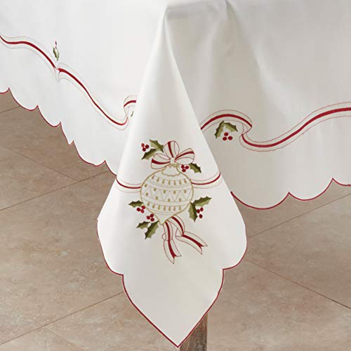 SARO LIFESTYLE 8532.I65120B Holiday Ornamental Collection Embroidered Christmas Tablecloth, 65" x 120", Ivory