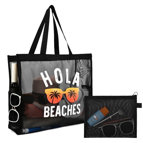 KUIRAN 30L Large Beach Bag with Pouch Foldable Sandproof Lightweight Mesh Tote Bag with Two Pockets for Swimming Travel