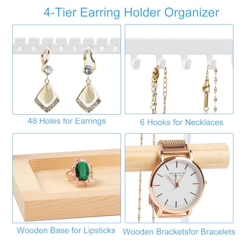 Jewelry Organizer Stand, Jewelry Holder, Lengnoy 4 Tier Earring Holder with 48 Holes and 6 Hooks Necklace Organizer Wood B...