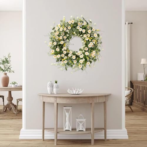 Sggvecsy White Daisy Wreath 24 Inch with Fake Silk Floral Green Eucalyptus Leaves and Lavender for Spring Summer Front Doo...