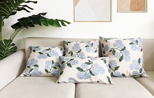 Btyrle Blue Hydrangea Flower Throw Pillow Covers 12x20 Inch Set of 2 Decorative Farmhouse Cotton Linen Floral Pillowcases ...