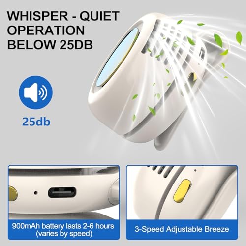 TFQXA1Z Portable Silent Clip On Bladeless Fan, Rechargeable Wearable Fan - Hands-Free Waist & Neck Cooling, 3 Speeds, 6H R...