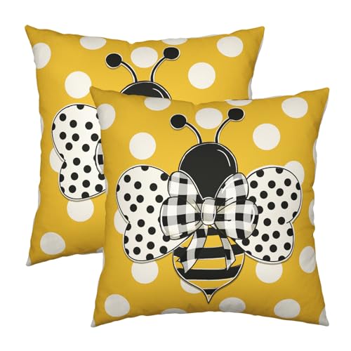 Wnoesat Summer Pillowcase 16x16 Set of 2 Yellow Honey Bee Polka Dots Holiday Throw Pillow Covers Bumblebee Outdoor Decorat...