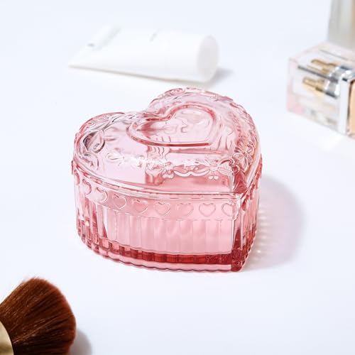 MTJYQYF Vintage Glass Jewelry Box - Heart Shaped Display Box for Storage Ring Earring Trinket Jewelry, Pink Cute Room Deco...