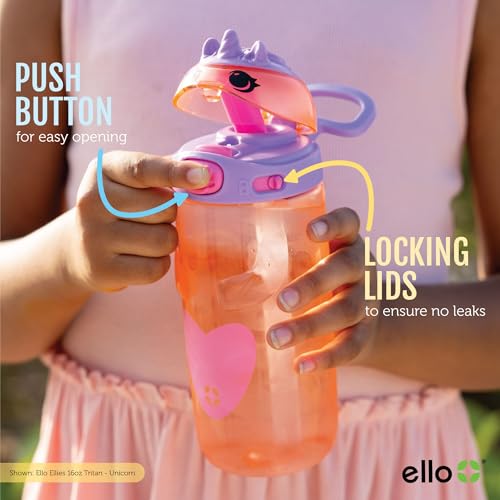 Ello Ellies 16oz Plastic Kids Water Bottle with Straw and Built-in Carrying Handle and Leak-Proof Locking Lid for School b...