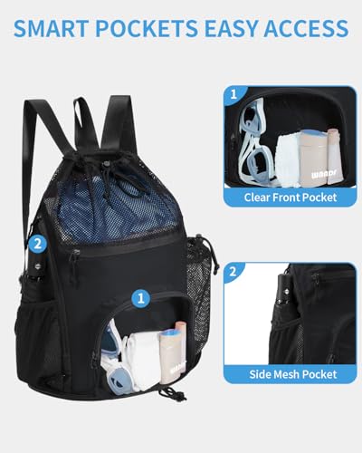 WANDF Swim Bag with Wet Pockets, Sandproof Beach Backpack with 40oz Tumbler Side Pockets, Mesh Drawstring Backpack Swim Ba...