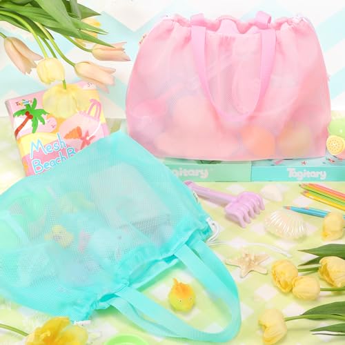 Tagitary Beach Toys Kids Beach Bag Tote with Drawstring, Pink Blue Mesh Bag Travel Beach Essentials for Kids Swim Pool Gym...