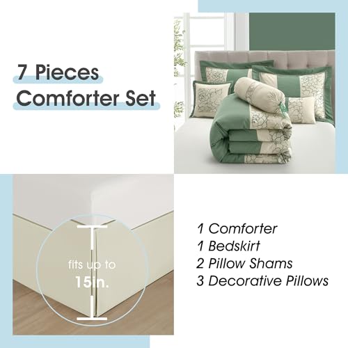 LANCO MODERN LIFESTYLE 7 Piece King Size Comforter Set, Green, Elegant Floral Jacquard, Stylish and Cozy Bedding Collectio...