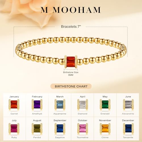 M MOOHAM Mothers Day Gifts - Birthstone Gold Beaded Bracelets for Women, Dainty Elastic 14k Real Gold Plated Beaded Bracel...