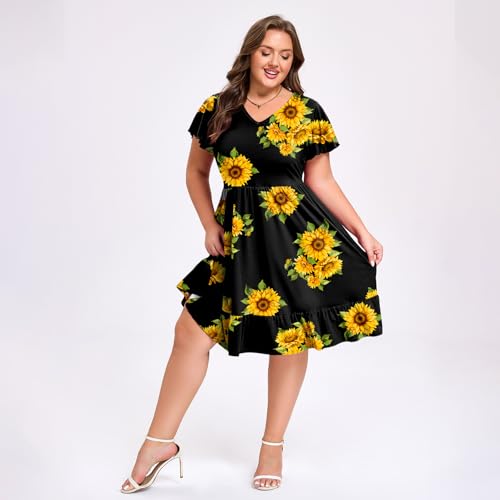 Women's Plus Size Casual Dress V Neck Ruffle Floral Short Sleeve Summer Midi Dresses with Pockets