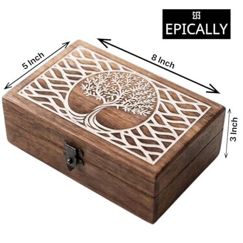 Rustic Wooden Memories Keepsake Box (8x5x3in) | Decorative Celestial Witchy Box For Alchemy, Tarot Card, Apothecary, Alta...
