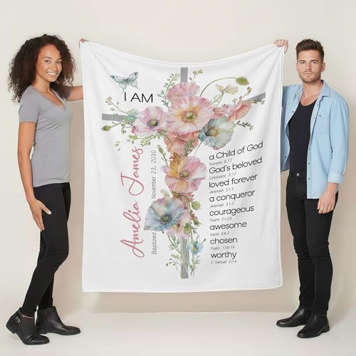 Personalized Baptism Blanket For Baby Girl, Floral Cross Christian Baby Gift, Custom Name Baptism Keepsake With Bible Vers...