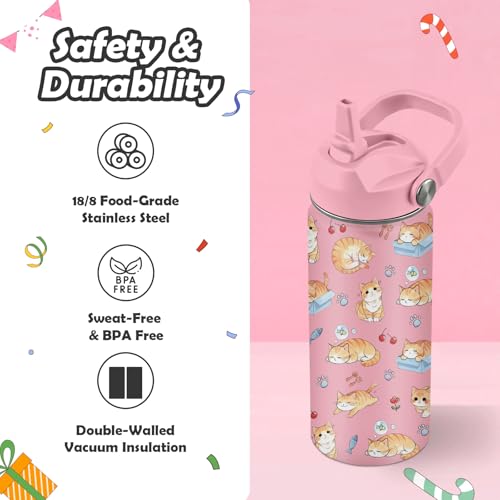 ROVOZAR Cat Water Bottle for Girls - 16oz Cat Stainless Steel Water Bottle with Straw - Cute Cats Insulated Cup - Pink Cat...