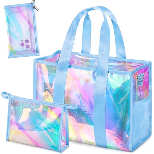 ComfyKit Iridescent Beach Bag for Women,PVC Pool Bag with Cosmetic Pouch&Phone Pouch,Summer Beach Tote for Travel & Vacation
