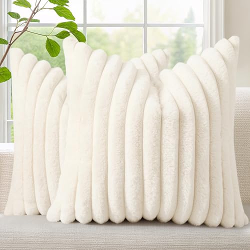 decorUhome Summer Cozy Faux Fur Throw Pillow Covers 18x18 Set of 2 Decorative Soft Plush Striped Modern Farmhouse Boho Cou...