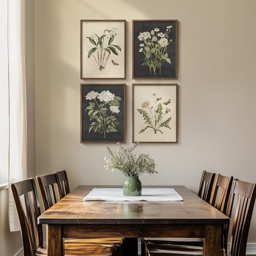 Framed Vintage Botanical Wall Art Bedroom, 4 Piece Rustic Farmhouse Floral Canvas Prints Artwork, Neutral Flower Butterfly...