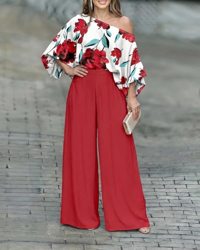 CHICME Women Summer 2 Piece Outfits Off Shoulder Top Flowy Wide Leg Pants Set Vacation Travel Airport Outfits