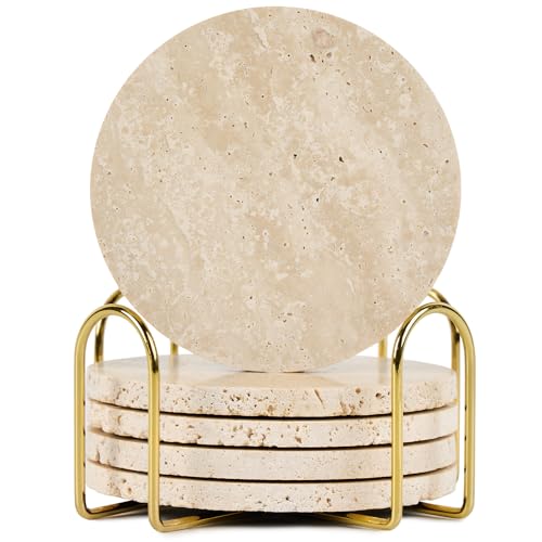 YONGHEE Italian Travertine Coasters Set of 5 with Holder, Round Beige Marble Drink Coasters for Coffee Table Decor Housewa...