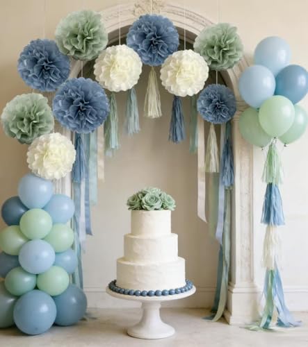 Sage-Green Dusty Blue Ivory Party-Decorations - 10-Pack Blue Green Boho Tissue Pom Poms Paper Flowers Wedding Centerpieces...