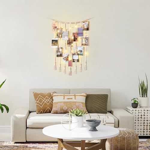 Mkono Macrame Hanging Photo Display Wall Decor with String Lights Boho Room Bedroom Wooden Beads Garland Picture Greeting ...