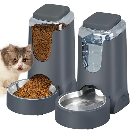 Automatic Cat Feeder and Water Dispenser with Stainless Steel Bowl Dog Gravity Food Feeder and Waterer for Small Medium Pe...