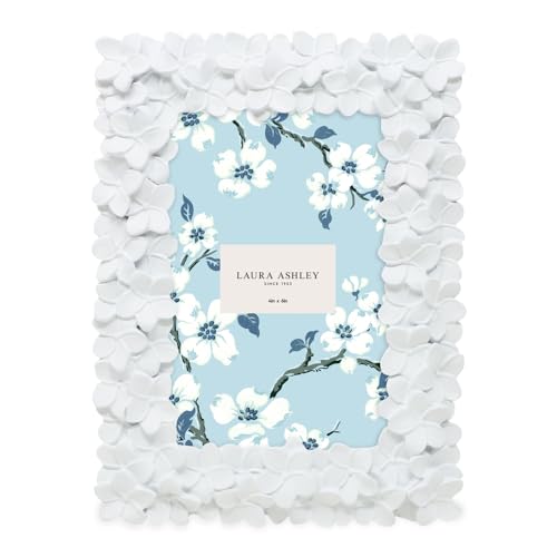 Laura Ashley 4x6 White Flower Textured Hand-Crafted Resin Picture Frame w/Easel & Hook for Tabletop & Wall Display, Decora...