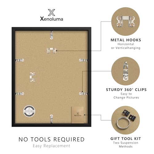 Xenoluma 11x14 Black Picture Frame with 8x10 Mat - Shatter Resistant HD Plexiglass, Wall Mount, Vertical Horizontal Displa...