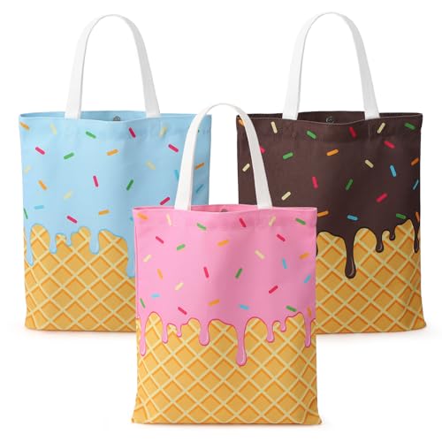 JATEBI 3 Pcs Ice Cream Canvas Tote Bag, Reusable Grocery Shopping Bag, Cute Shoulder Bag Gift for Ice Cream Lover Work Bea...