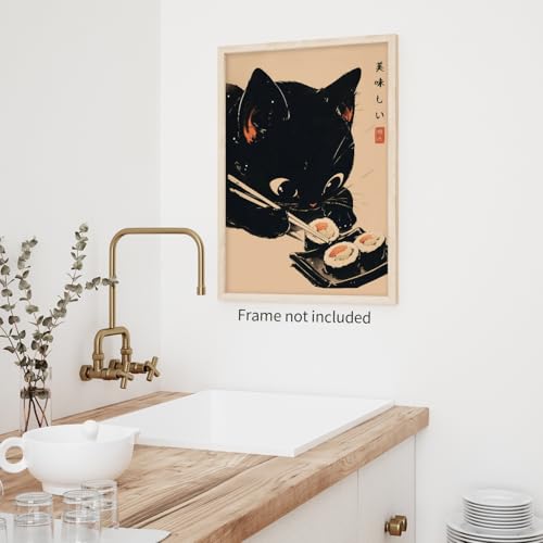 Heltrappe Japanese Cute Black Cat Animal Canvas Poster Delicious Food Sushi Wall Art Vintage Unique Aesthetic Prints for K...