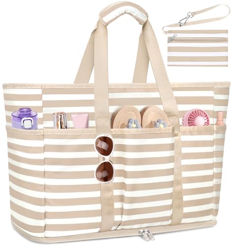 TEUEN Large Beach Bag with Zipper, 12 Pockets Waterproof Sandproof Pool Bag Womens Mesh Beach Tote Bag for Travel Vacation
