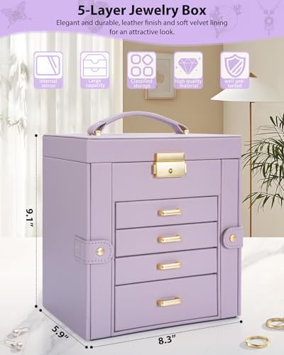 AKOZLIN 5-Tier Jewelry Box Leather Jewelry Storage Organizer with 4 Drawers Lockable for Women Girls Ring Necklace Earring...