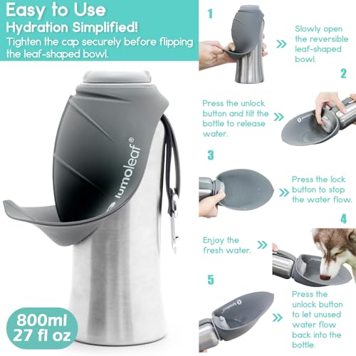 LumoLeaf Portable Dog Water Bottle 27 OZ, Stainless Steel Pet Travel Water Bottle Dispenser for Walking, Hiking and Outdoo...