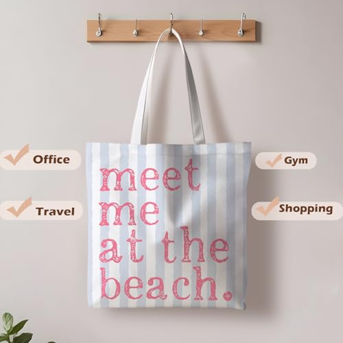 ignytiger Beach Tote Bag, Summer Canvas Striped Tote Bags for Women, Meet Me At The Beach Aesthetic Shopping Bag