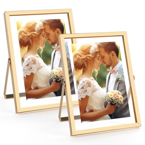Golden State Art, 2 Pack, 5x7 Inch Metal Picture Frames, Floating Display for 4x6, 3x5 Photos, with Real Glass and Pull-Ou...